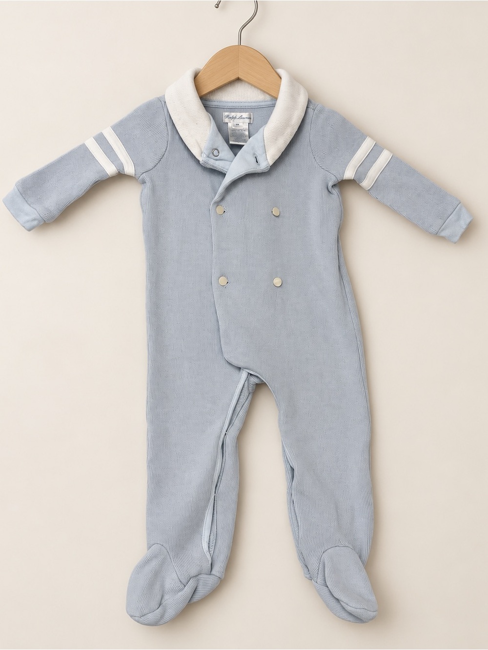 Ralph Lauren Baby Blue Knit Footed Coverall 9M
